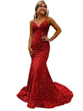 runhufu Ball Dress Body-Bagged Fishtail Small Tail Evening Dress Fine Shoulder-Band V-Neck Party Dress