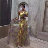 runhufu New Women's Sexy Slant Shoulder Shoulder Long Sleeve Broken Flower Dress Dress High-End Big Swing Flowers
