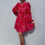 runhufu V-Neck Print Lantern Sleeve Chiffon High-Waisted Dress In Autumn 2024