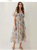 runhufu Dress 2025 Summer Seaside Vacation V Collar Bubble Sleeves Short Sleeve Splicing Big Swing Long Skirt Tide