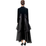 runhufu Stitching Tulle Sexy V Collar Long Sleeve Lotus Side Black Cake Dress Women's Spring 2025