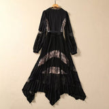 runhufu V-Neck Long-Sleeved Lace Splicing Black Irregular Swing Dress Spring And Summer Women's New 2024