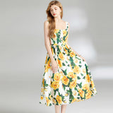 runhufu Dress 2024 Summer Vacation House Cotton Yellow Rose Print Big Swing Princess Fairy Mid-Long Dress