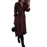 runhufu Women's Autumn V-Neck Long-Sleeved Collar With Irregular Dress