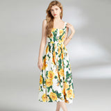 runhufu Dress 2024 Summer Vacation House Cotton Yellow Rose Print Big Swing Princess Fairy Mid-Long Dress