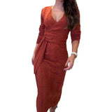 runhufu Women's Autumn V-Neck Long Sleeve Knitted High Waisted Tice With A Tinged Dress