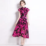 runhufu Knee Dress Women's Summer 2024 Temperament Lotus Leaf Sleeve Fashion Waist Thin Print V-Neck Dress