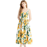 runhufu Dress 2024 Summer Vacation House Cotton Yellow Rose Print Big Swing Princess Fairy Mid-Long Dress
