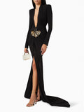 runhufu Black Long-Sleeved Hollow V-Neck Cross Dress Metal Fishtail Elegant Dress