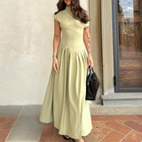 runhufu Women's Summer Round Neck Short Sleeve Splicing Irregular Pressure High-Waisted Skirt