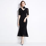 runhufu Industry Hot Diamond Mesh Yarn Designer Temperament Three-Dimensional Flowers V Receive Waist Thin Short Sleeve Dress