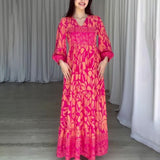 runhufu Women's Autumn New V-Necked Lantern Sleeve Print High-Waist Retro Long Dress