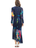 runhufu V-Neck Long-Sleeved Elegant Print Irregular Fishtail Dress Dress Women's Autumn New 2025