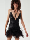 runhufu Women's Sexy V-Necked Dress High-End Temperament Cane Stitched Feathered Ass Skirt Dress Dress