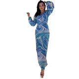 runhufu Women's Autumn V-Neck Lantern Sleeve Long-Sleeved High-Rise Fashion-Print Long Dress