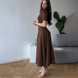 runhufu 2025 New Solid Color Collar Short Sleeve Zipper Casual Commuter Dress