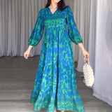 runhufu Women's Autumn New V-Necked Lantern Sleeve Print High-Waist Retro Long Dress