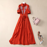 runhufu Industry Embroidered Flower Lily Collar Short Sleeve Tie Tight Waist High Dress Station Spring And Summer Woman 2025