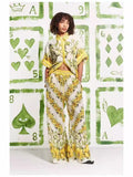 runhufu New Fashion Positioning Print Collar Short Sleeve Top With Casual Trousers Holiday Set