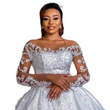 New Flesh-Colored Lace-Net Wedding Dress African Bride Long-Sleeved Diamond Decorated With Large Tailed White Wedding Dress Summer