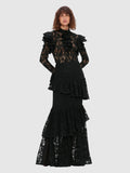 runhufu Summer New Collar Horn Long Sleeve With Waist Hollow Lace Dress Suit Woman