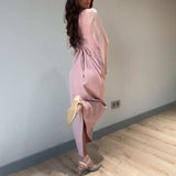 runhufu Women's Autumn Round-Neck Long Sleeve Splicing Long Skirts To Repair Height Waist Skirt Women