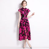 runhufu Knee Dress Women's Summer 2024 Temperament Lotus Leaf Sleeve Fashion Waist Thin Print V-Neck Dress