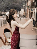 runhufu Luth's Same Red V-Neck Broken Flower Hanging Neck Sling Dress In The Middle And Long Summer Holiday Style Dress