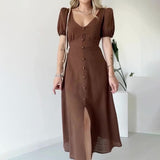 runhufu Women's Summer French V-Neck Bubble Bubble Sleeve High Waist Open Temperament With Long Dress