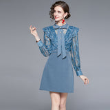 runhufu Temperament Feel Hot Diamond Bow Bow Long Sleeve Spliced High-Waist Heavy Industry Dress Women Spring And Autumn New
