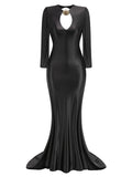 runhufu Women's Sexy V-Necked Long-Sleeved Banquet Evening Dress Dress Body-Dragging Skirt
