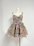 runhufu Niche 2024 Summer New Sling With Sling Bow Prints Short Princess Skirt