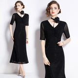 runhufu Industry Hot Diamond Mesh Yarn Designer Temperament Three-Dimensional Flowers V Receive Waist Thin Short Sleeve Dress