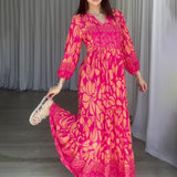 runhufu Women's Autumn New V-Necked Lantern Sleeve Print High-Waist Retro Long Dress