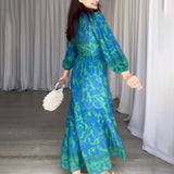 runhufu Women's Autumn New V-Necked Lantern Sleeve Print High-Waist Retro Long Dress