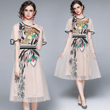 runhufu Collar Lotus Leaf Short Sleeve Heavy Industry Mesh Embroidery Flower Waist Swing Princess Style Dress 2025 Summer New