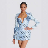 runhufu Dress Wave Point Printing Deep V-Neck Heavy Industry Flower Folds To The Waist Dress Short New Model