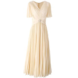 runhufu V-Neck Waist-Lined Bead Buckle With Chiffon Big Swing 100-Fold Long Dress Spring And Summer Women's Dress 2025