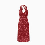 runhufu Luth's Same Red V-Neck Broken Flower Hanging Neck Sling Dress In The Middle And Long Summer Holiday Style Dress