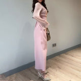 runhufu Women's Autumn Round-Neck Long Sleeve Splicing Long Skirts To Repair Height Waist Skirt Women