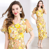 runhufu Banquet Famous Wind V-Neck Bubble Sleeves Body-Brace Hip Three-Dimensional Flower Lace Dress