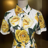 runhufu Rose Print Short Sleeve Single Buckle With Waist Cotton Dress Spring And Summer Women's New 2024