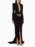 runhufu Black Long-Sleeved Hollow V-Neck Cross Dress Metal Fishtail Elegant Dress