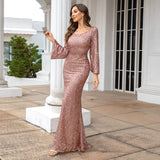 runhufu New Fashion V-Necked Hips Brighten Dress Mid-Waisted Horn Sleeve Long Evening Dress