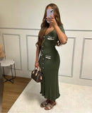 runhufu Summer Women's New Short Sleeve V-Neck Dress