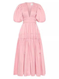 runhufu Niche 2024 Summer Wind V Collar Bubble Sleeves Short Sleeve Splicing Folds To Collect Waist Pink Dress Dress