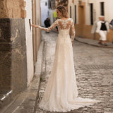 Bride Long-Sleeved Wedding Dress 2025 Summer New Simple Thin Deep V Collar Dew Small Tail Shot Soft Yarn Lace