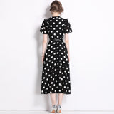 runhufu Lotle Leaf Short-Sleeved Single Buckle Tidling With Belt Dot Wave Point Princess Wind Swing Dress 2024 Summer New
