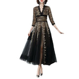 runhufu V-Neck Heavy Industry Embroidery Mesh Perspective Big Swing Dress Black Dress Women Spring And Summer 2024