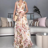runhufu Women's New Stylish Elegant Fine Shoulder With Lotus Leaf Side V-Neck Print Dress